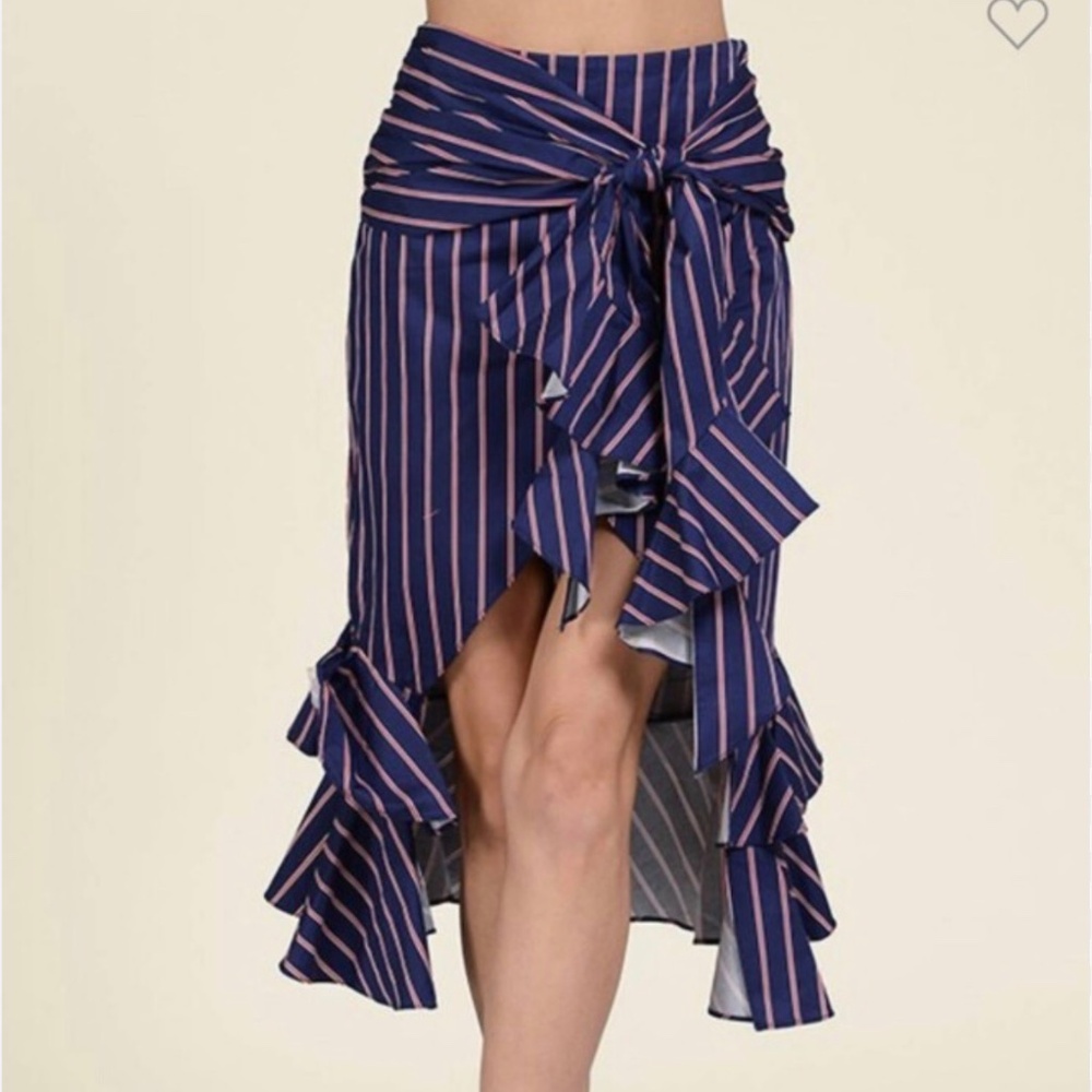 Intermix Strut & Bolt Navy Striped Cotton Ruffle Hi-Low Zip Side Mermaid Skirt